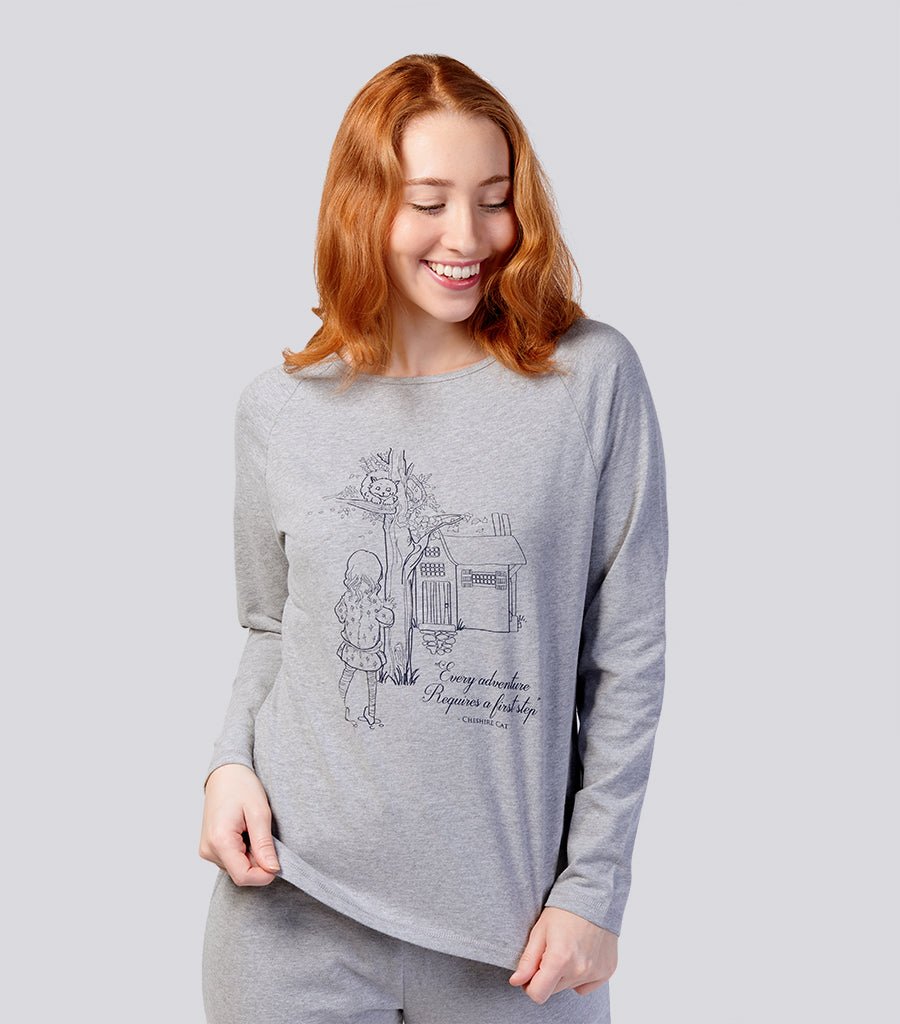 Grey Marle Ultra Soft Cotton Raglan sleeve Tee - Alice In Wonderland Cheshire Cat Young Spirit