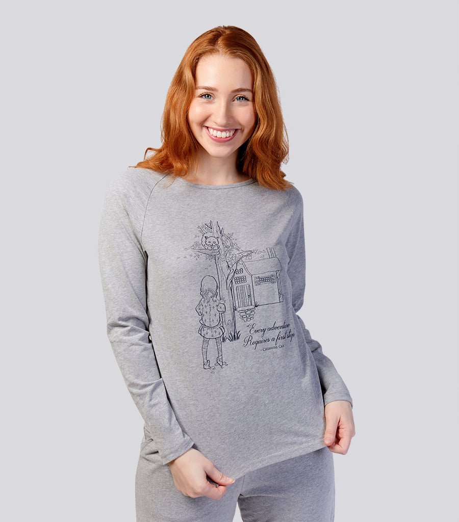 Grey Marle Ultra Soft Cotton Raglan sleeve Tee - Alice In Wonderland Cheshire Cat Young Spirit