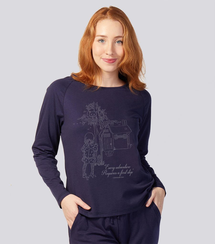 Navy Cotton Blend Raglan Sleeve Stretch Tee - Alice In Wonderland Cheshire Cat Young Spirit