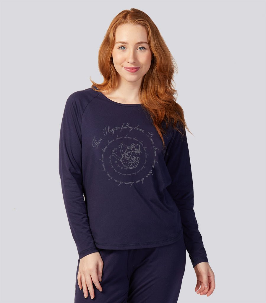 Navy Cotton Blend Raglan Sleeve Stretch Tee - Alice In Wonderland Falling down the Rabbit Hole Young Spirit