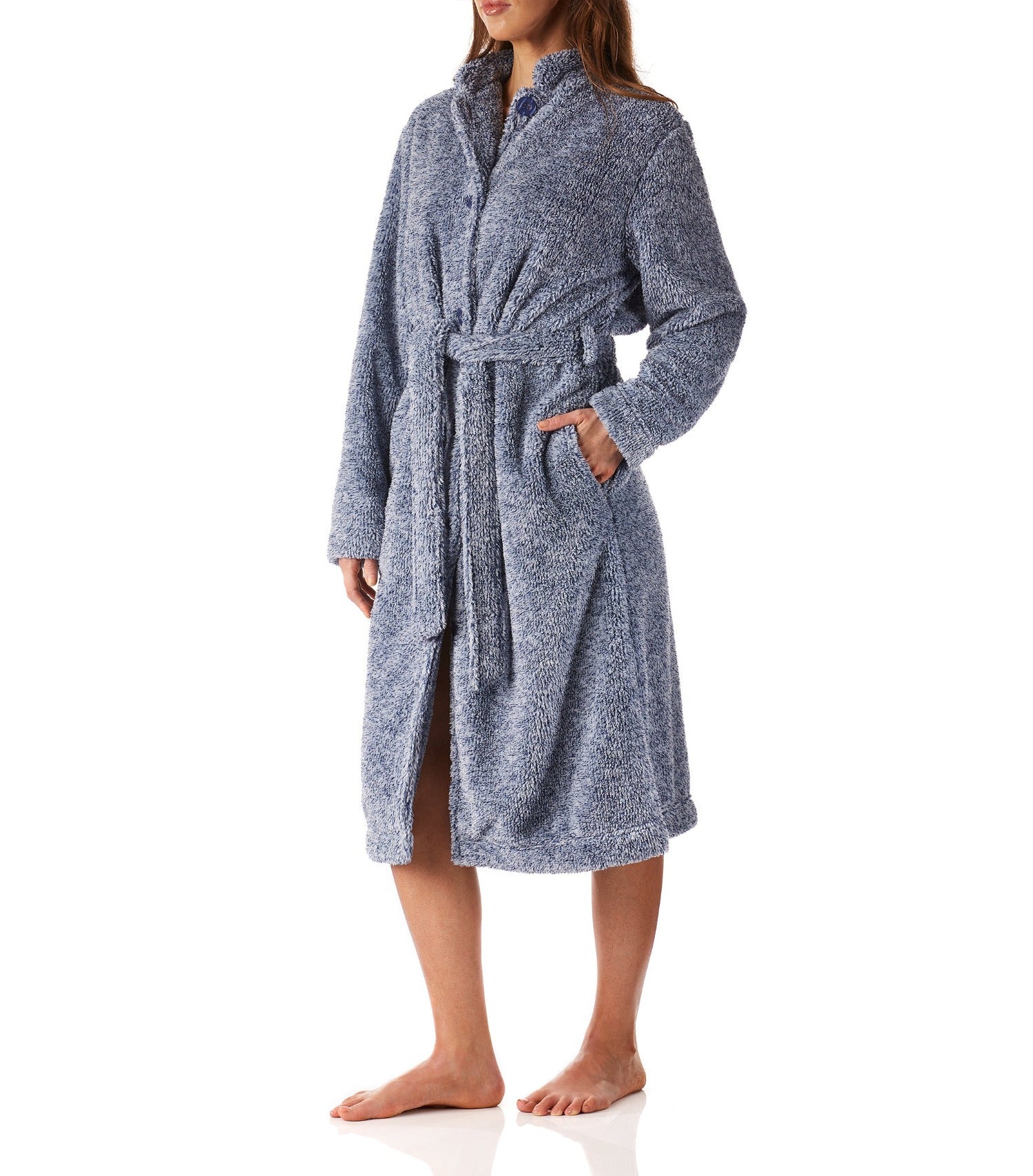 Women’s winter dressing gown | Navy Marle Button Up  Fleece Dressing Gown | Magnolia Lounge Australia