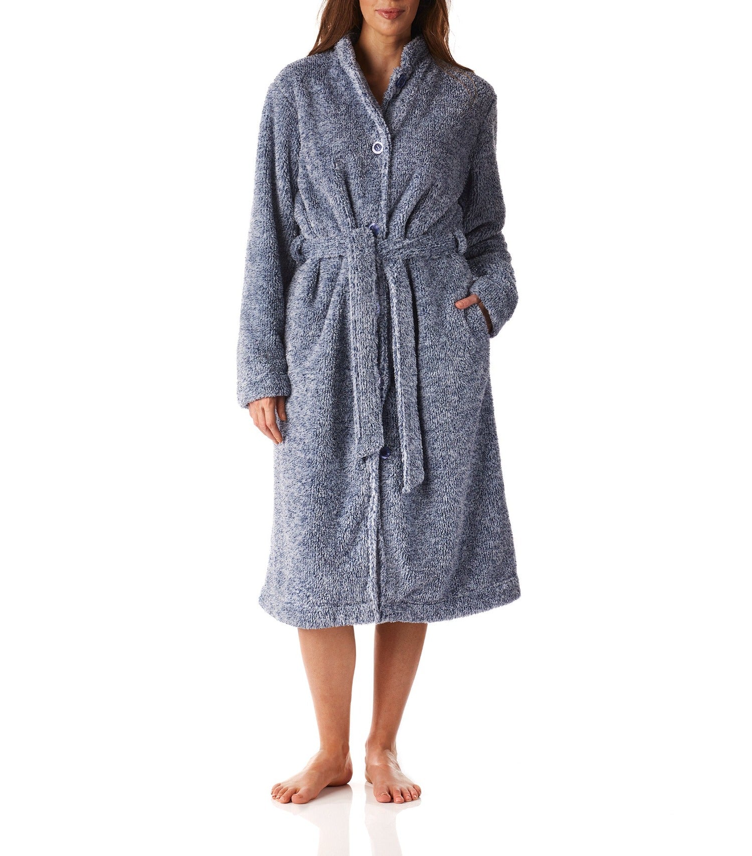 Women’s winter dressing gown | Navy Marle Button Up  Fleece Dressing Gown | Magnolia Lounge Australia