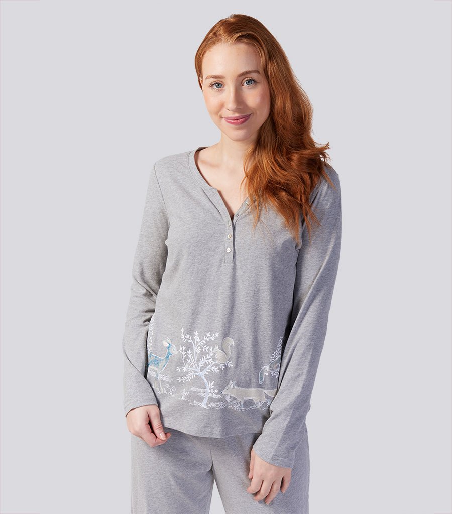Women's winter pyjama top | Pure Soft Cotton Long Sleeve Henley Pyjama Top - Into The Woods | Magnolia Lounge Australia