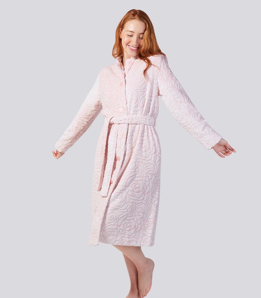 Rose Button Through Fleece Dressing Gown Magnolia Lounge