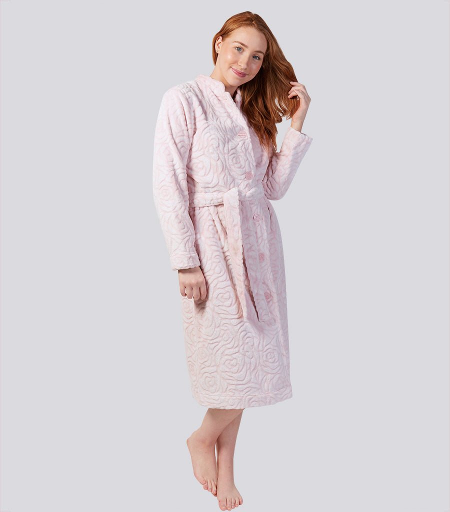 Rose Button Through Fleece Dressing Gown Magnolia Lounge